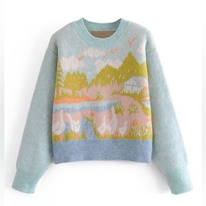Zara Jacquard Goose Landscape Knit Sweater